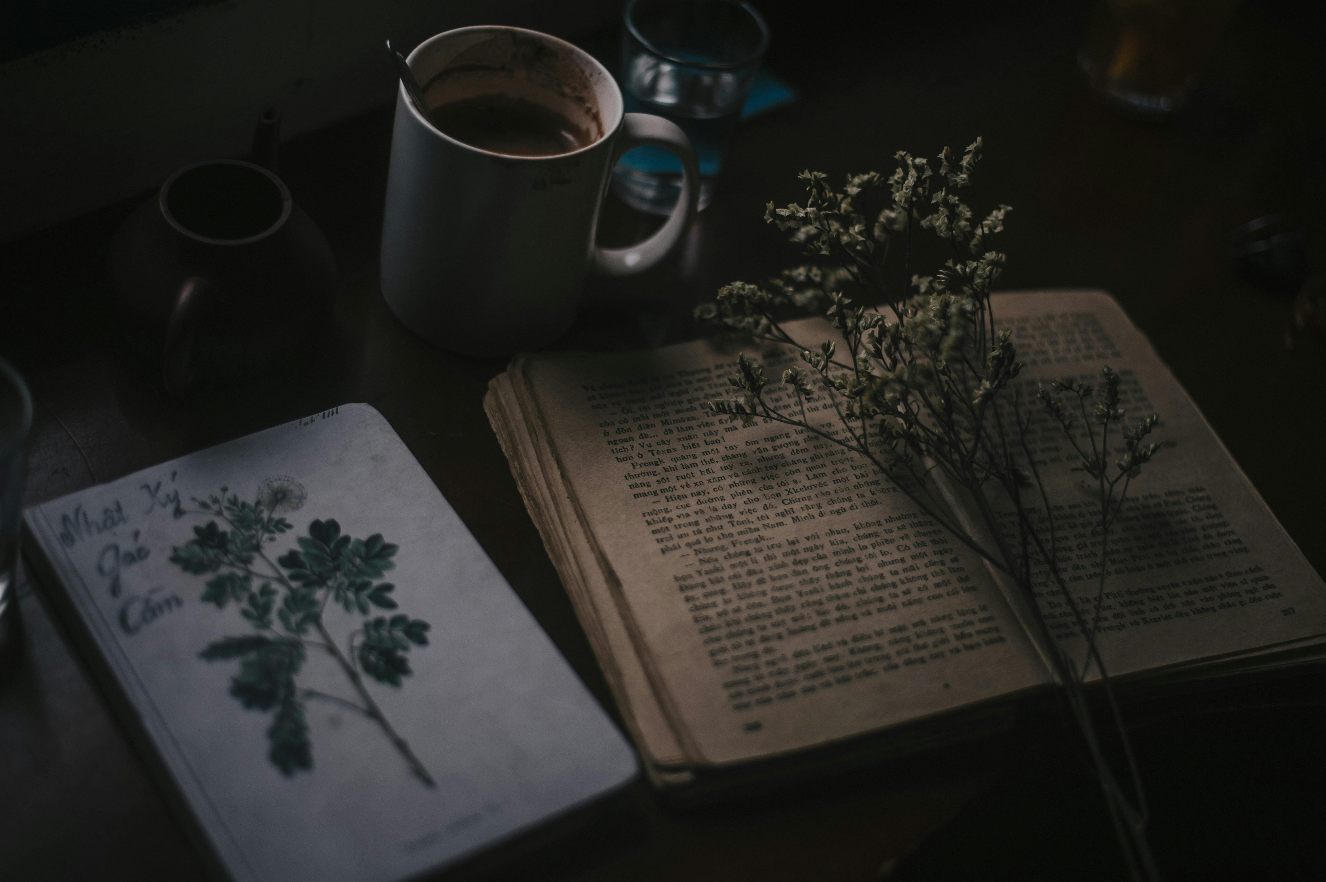 Cozy writing setup with coffee and books